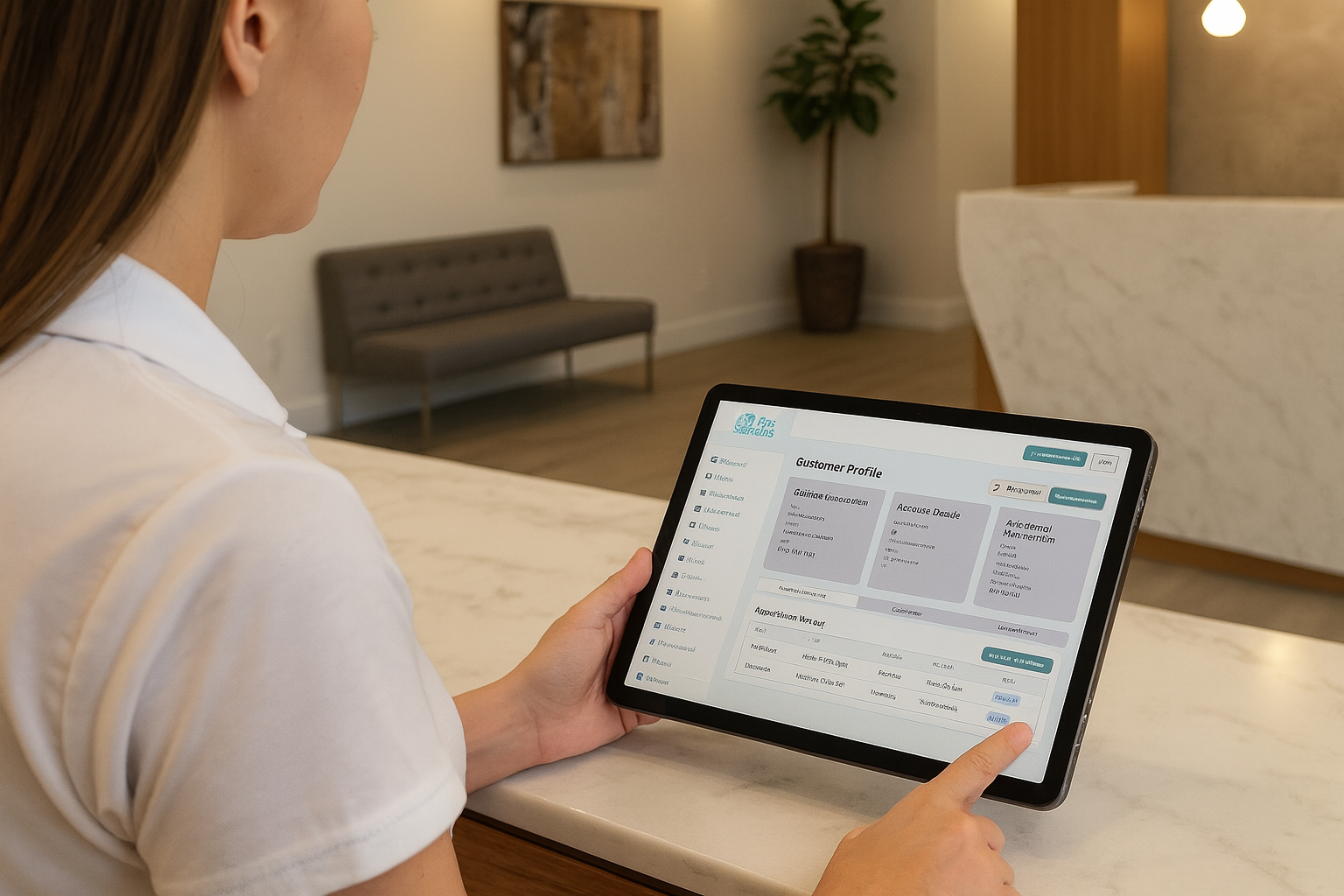Spa professional reviewing client profile on tablet